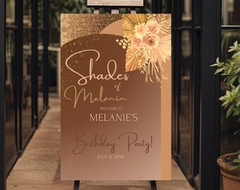 Letrero de bienvenida floral bohemio para cumpleaños: Tonos de melanina (Descarga digital)