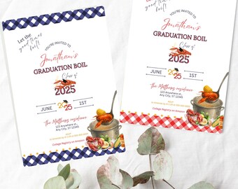 May include: A graduation party invitation with a red and white checked background. The invitation features a cartoon illustration of a pot of crawfish with a graduation cap on top. The text on the invitation reads "Let the good times boil! You're invited to Jonathan's Graduation Boil Class of 2025. June 2025 1st. The Matthews residence 123 Anywhere st., Any City, ST 12345. College Registry on Amazon."