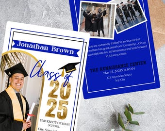 Editable Blue & White Grad Announcement, Royal Blue High School Graduation Invite with Pictures, Blue and White Graduation Invite
