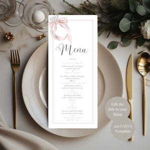 Może przedstawiać: Szablon menu weselnego w kolorze różowym i białym z akwarelową ilustracją pierścionka z kokardą. Menu zawiera opcje przystawek, dań głównych, deserów oraz tekst "Edytuj tytuł wedle uznania" i "Szablon CANVA 4x9".