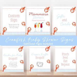 Peut inclure: Ensemble de six panneaux de baby shower sur le thème des écrevisses. Les panneaux comprennent du texte tel que "Custom Sign", "Mommosa Station", "Gifts and Cards", "Books for Baby Dropoff", "Diaper Raffle Dropoff" et "Pinch Peel Eat Repeat". Chaque panneau a une illustration d'écrevisse rouge.