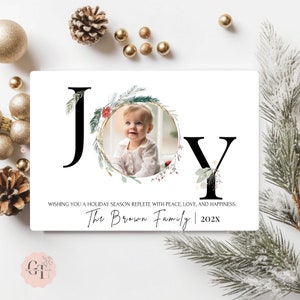 Minimalistische FREUDE Feiertags-Gruß-Fotokarte, einfache Weihnachtsgrün-Foto-Grußkarte, doppelseitige grüne Weihnachtskarte mit Bild