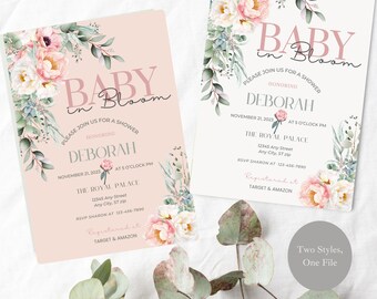 Pink Peony Baby Shower Invitation Template: Floral Eucalyptus (Digital Download), Floral Baby Shower Invite, Baby in Bloom Shower