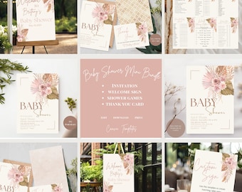 Könnte beinhalten: Ein Satz druckbarer Babyparty-Vorlagen in einem rosafarbenen und goldenen Farbschema mit tropischen Blättern und floralen Akzenten. Das Set enthält eine Einladung, ein Willkommenszeichen, Duschspiele und eine Dankeskarte. Der Text auf der Einladung lautet "Baby Shower" und "April Dunn".