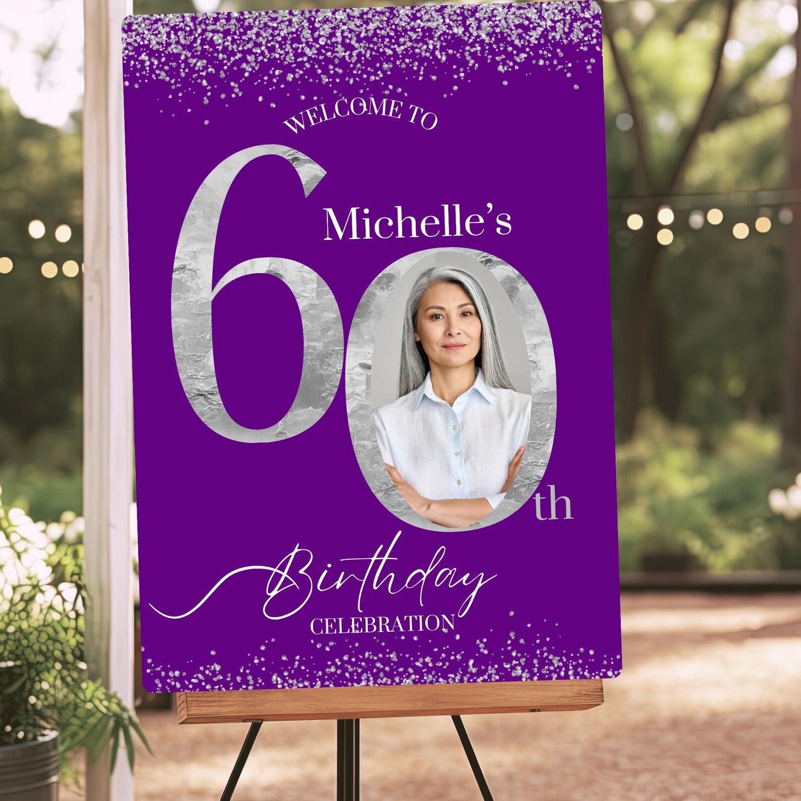 Purple 60th Birthday Photo Welcome Sign Template, Royal Purple & Silver ...