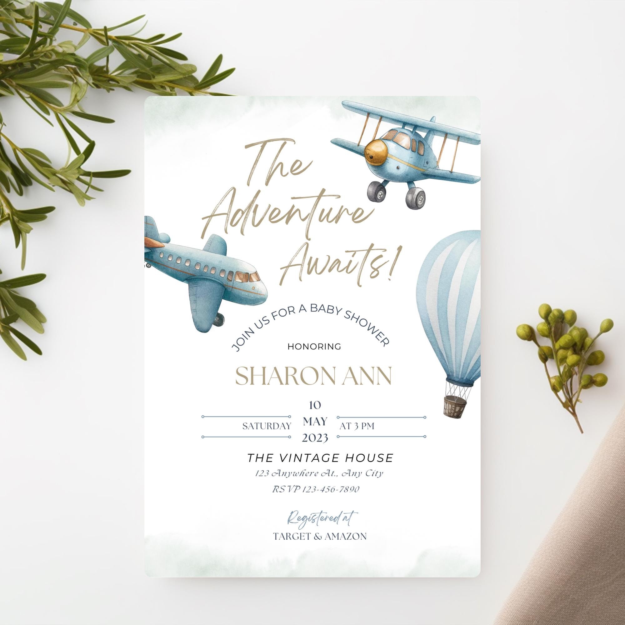 Hot Air Balloon Invitation Vintage Boy Baby Shower Invitation, the  Adventure Awaits Blue Shower Invitation, Airplane Shower Invitation - Etsy, image size:2000x2000