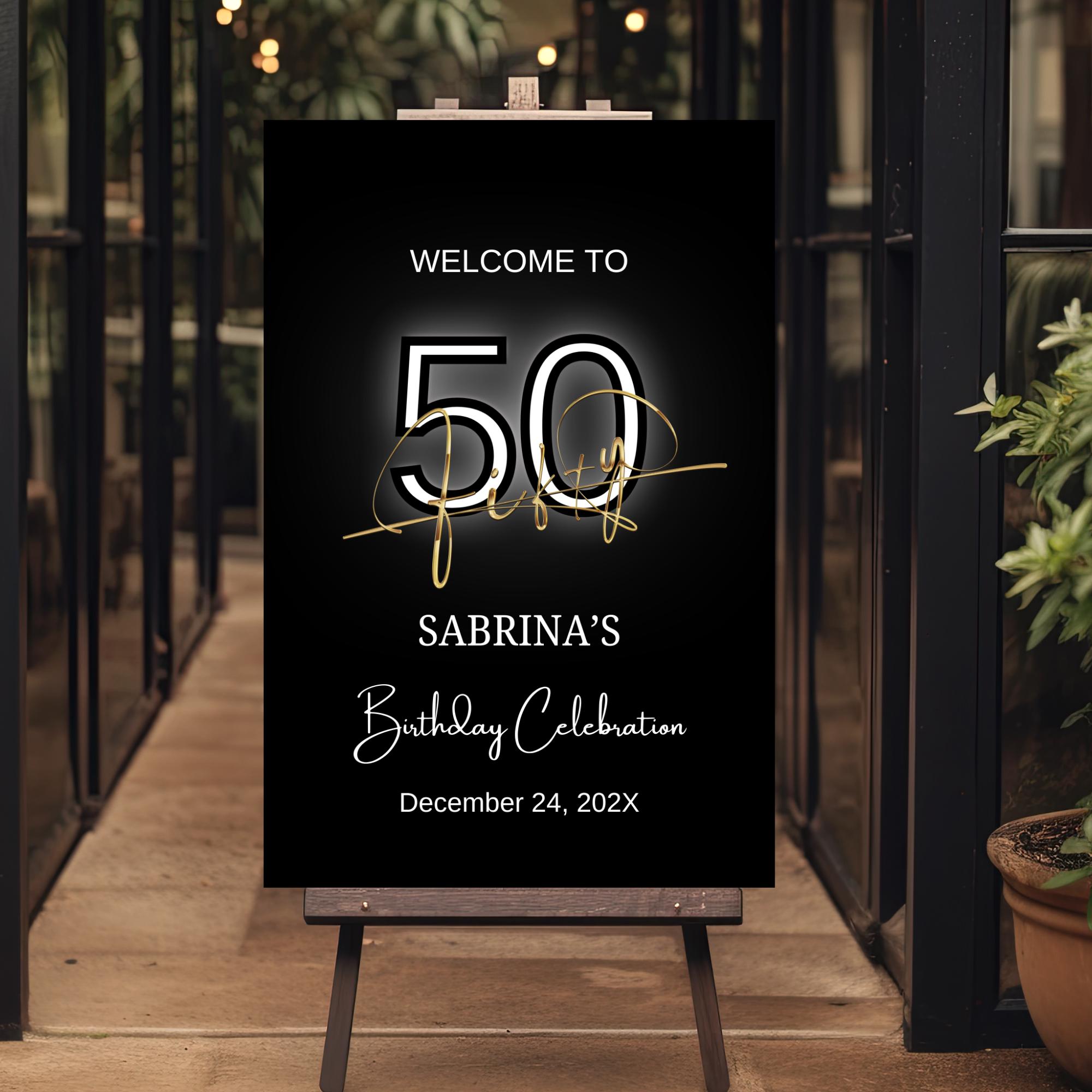 50th Script 50th Birthday Welcome Sign: Black & Gold, Modern Script (digital ...