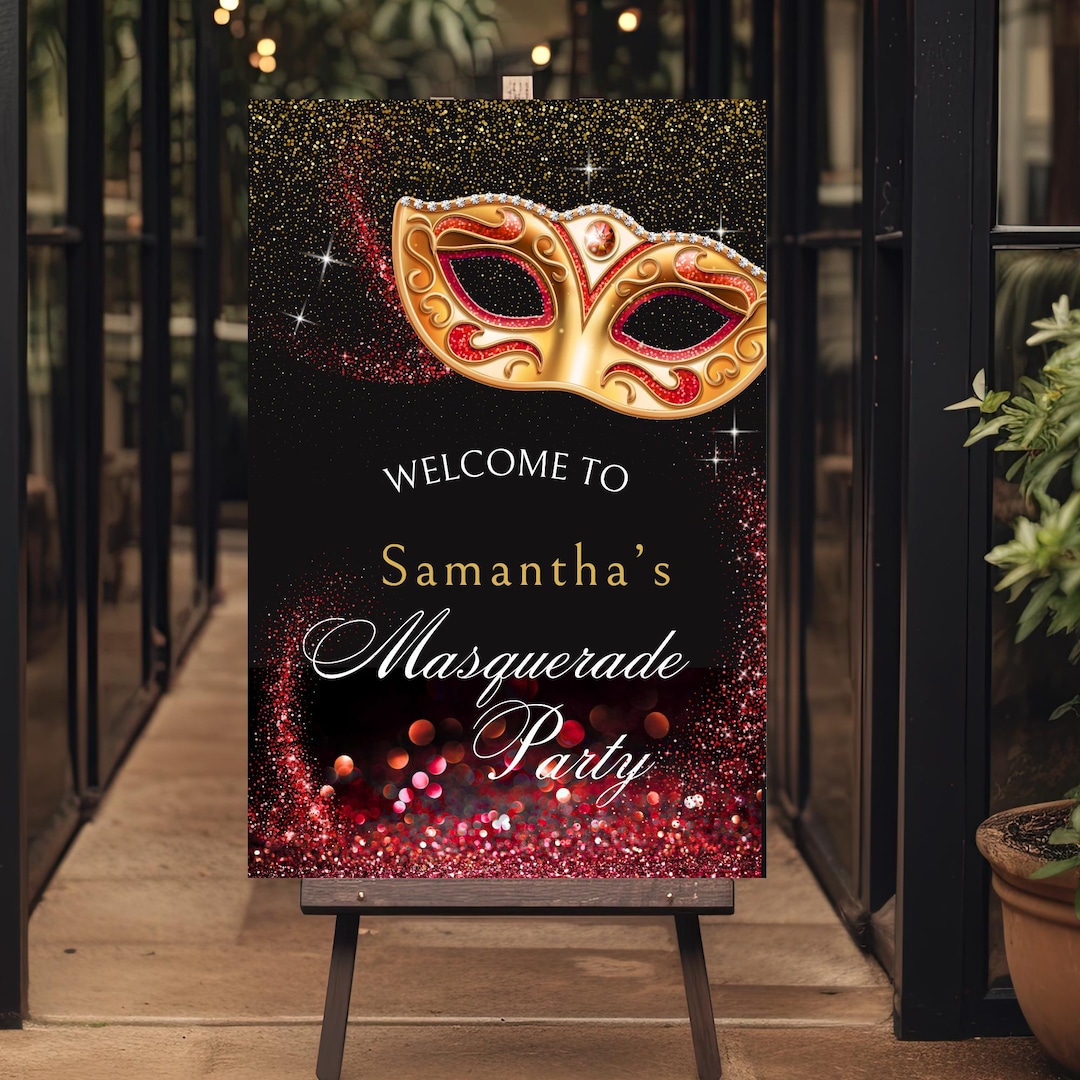 Masquerade Party Welcome Sign: Black, Red & Gold Mask (canva Template ...