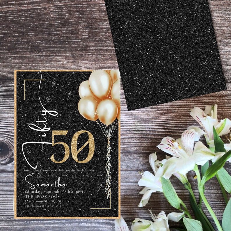 Black and Gold 50th Birthday Invitation, Gold and Black Glitter 50th ...