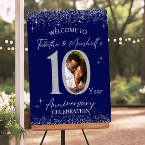 Välkomstskylt för 10-årsjubileum i marinblått och silver: Fotomall (digital nedladdning, Canva-redigering)