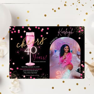 Convite de aniversário de 40 anos com confete editável com foto, Cheers to 40 Years Champagne Birthday Invite, convite de aniversário de 40 anos rosa choque e preto