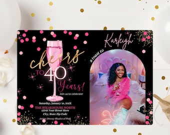 Konfetti 40. Geburtstagseinladung: Pink & Schwarz Champagner (Digitaler Download)