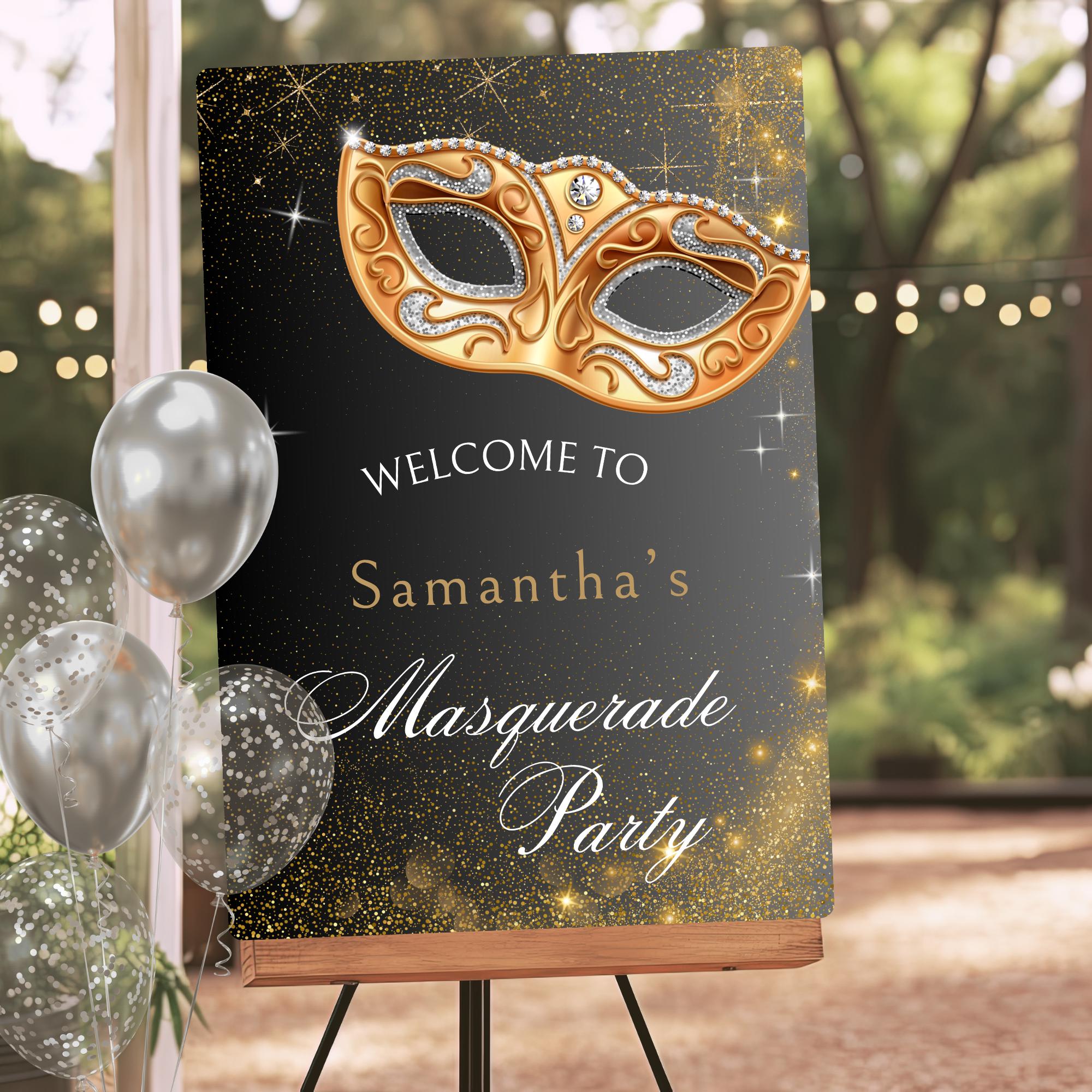 Black and Gold Masquerade Party Welcome Sign: Editable Mardi Gras ...