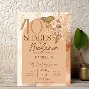 May include: A 40th birthday dinner invitation with a brown and gold colour scheme. The invitation features a large number "40" with the text "Shades of Melanin" and a floral design. The text "Danielle's 40th Birthday Dinner" is also included, along with the date "October 7th" and the time "1 o'clock in the afternoon". The invitation also includes the location "MR. C'S LANDING LAFAYETTE" and the RSVP date "RSVP by October 1st". The text "Attire: Shades of Brown" is at the bottom of the invitation.