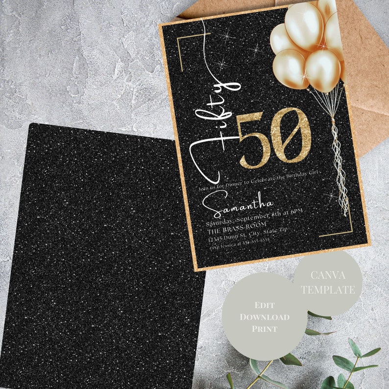 Black and Gold 50th Birthday Invitation, Gold and Black Glitter 50th ...