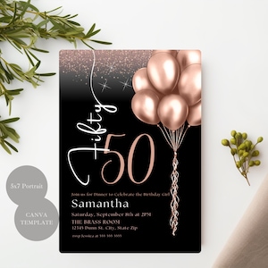Black and Rose Gold 50th Birthday Invitation, Pink and Black Shimmer 50th Birthday Template, Fancy Black 50th Birthday Digital Invite