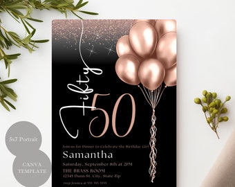 Black and Rose Gold 50th Birthday Invitation, Pink and Black Shimmer 50th Birthday Template, Fancy Black 50th Birthday Digital Invite