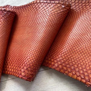 May include: A piece of reddish-brown snakeskin leather featuring a distinct, repeating diamond-shaped scale pattern. The material is folded in several places, showcasing the texture and the gradient of the warm, earthy tones across the surface.
