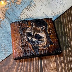 Custom Leather Wallet with Embossed Raccoon Gifts for dad, gift for Him or Her, Birthday, Anniversary Present, Cowboy Mens Leather Wallet