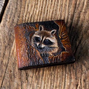 Cartera de piel con grabado de mapache, regalo para mujer, cartera de piel para hombre, regalo personalizado, Día del Padre y Día de la Madre.