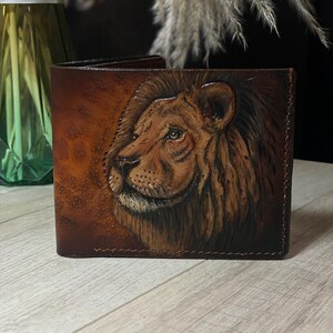 Leather Wallet Lion Design Men's Personalized Custom Handmade Wallet with Interior Options Gift for Dad Him Christmas Birthday Unique