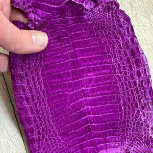 Pode incluir: Uma peça de pele animal texturizada em roxo vibrante, apresentando um padrão distinto de escamas em relevo por toda a superfície. O material possui um acabamento brilhante e reflexivo que destaca as formas complexas e irregulares das escamas individuais.