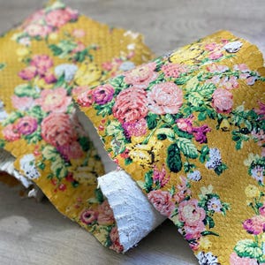 Mustard Floral Snake Skin Leather Strips, Printed  Skin, Genuine Exotic Leather for Wallets and Crafts (not subject to the CITES Convention)