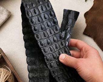Matte Black Embossed Leather Strap: Genuine Exotic Hide for Leathercraft (not subject to the CITES Convention)