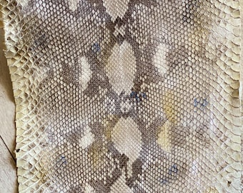 May include: A flat, rectangular piece of snakeskin leather featuring a natural scale pattern. The surface displays a color palette of cream, beige, and dark brown, with small, scattered blue ink markings visible across the textured, overlapping scales.