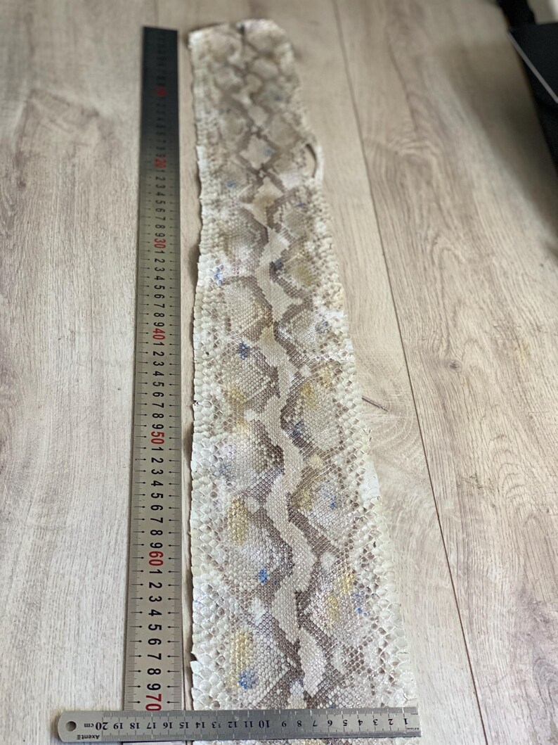 Natural python leather strips in beige grey tones for luxury leathercraft