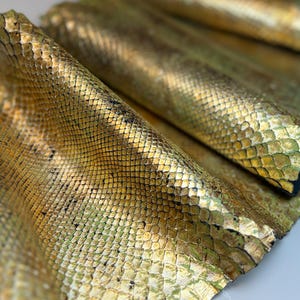 Genuine Green Gold Snake Skin, Exotic Leather, Python Leather scraps , Patterned