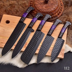 Hand Forged 5pcs CARBON Steel Chef Knife, KITCHEN Knives Chef Set, Damascus chef set with leather Sheath Gift for him Gift for wife Gifts