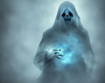 Könnte beinhalten: Eine geisterhafte Gestalt in einem weißen Kapuzengewand mit einem skelettartigen Gesicht, die eine leuchtende blaue Kugel in der Hand hält. Die Gestalt ist von einer nebeligen, ätherischen Atmosphäre umgeben.