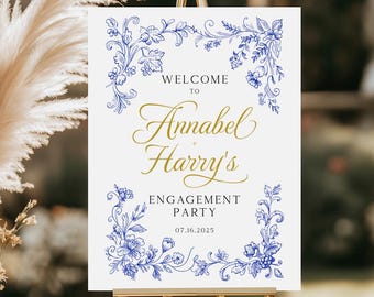 Printed Toile Engagement Sign Blue Floral Frame Party Welcome Signage Vintage Custom poster canvas, foam board For Engagement Celebration