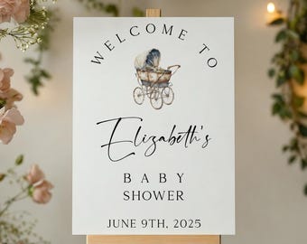Letrero de bienvenida personalizado de estilo vintage minimalista para baby shower con gráfico de cochecito para decoración de eventos, letrero de espuma personalizado.
