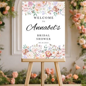 Letrero de bienvenida floral personalizado para despedida de soltera, con flores de acuarela impresas en cartón pluma, lienzo o póster. Tablero de bienvenida para brunch nupcial.