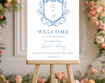 Printed Wedding Sign Custom Blue Frame Welcome Signage For Wedding Party Vintage Personalized Poster, Canvas, Foam Board For Ceremony