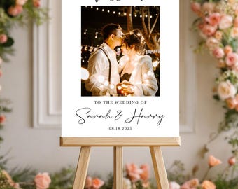 Wedding Sign with Photo Custom Wedding Welcome Signage Elegant and Modern Banner Sign in Poster, Canvas, Foam Board For Event Decoration