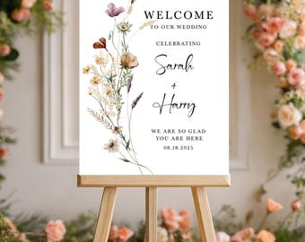 Printed Wildflowers Wedding Welcome Sign Custom Signage For Wedding Party Cute Minimalist Floral Poster, Canvas, Foam Board For Ceremony