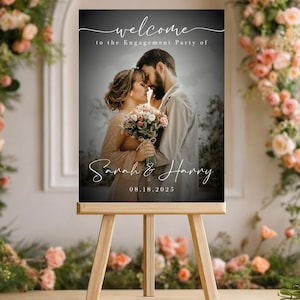 Modern Engagement Welcome Sign With Photo Custom Engagement Party Signage Personalized Minimalist Printed poster, canvas, foam board