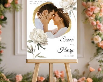Floral Engagement Welcome Sign With Photo White Minimalist Flowers Engagement Party Signage Printed Poster, Canvas, Foam Board For Events