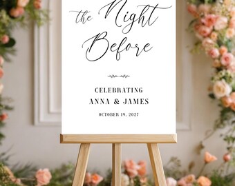 Cartello di prova stampato, cartello di benvenuto minimalista "La sera prima", cartello in poster, tela, pannello in schiuma, cartello moderno personalizzato per la cena di prova del matrimonio
