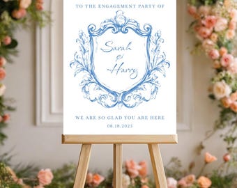 Vintage Engagement Welcome Sign Custom Blue Retro Frame Engagement Party Signage Elegant Printed poster, canvas, foam board For Events
