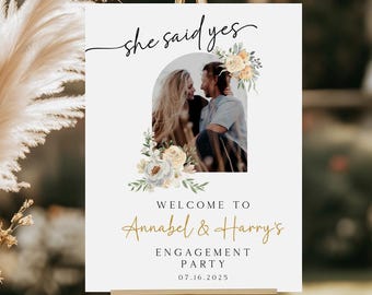Printed Engagement Sign with Photo Watercolor Flowers Party Welcome Signage Custom poster, canvas, foam board For Engagement Celebration