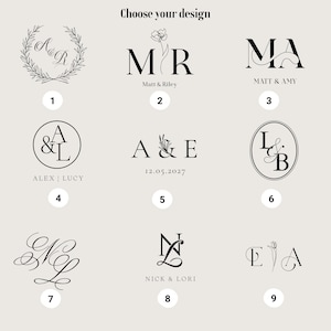 May include: A collection of nine black and white monogram designs labelled Choose your design. Each option features unique combinations of letters, floral line art, and names like Matt & Riley, Alex | Lucy, and Nick & Lori, arranged in a grid.