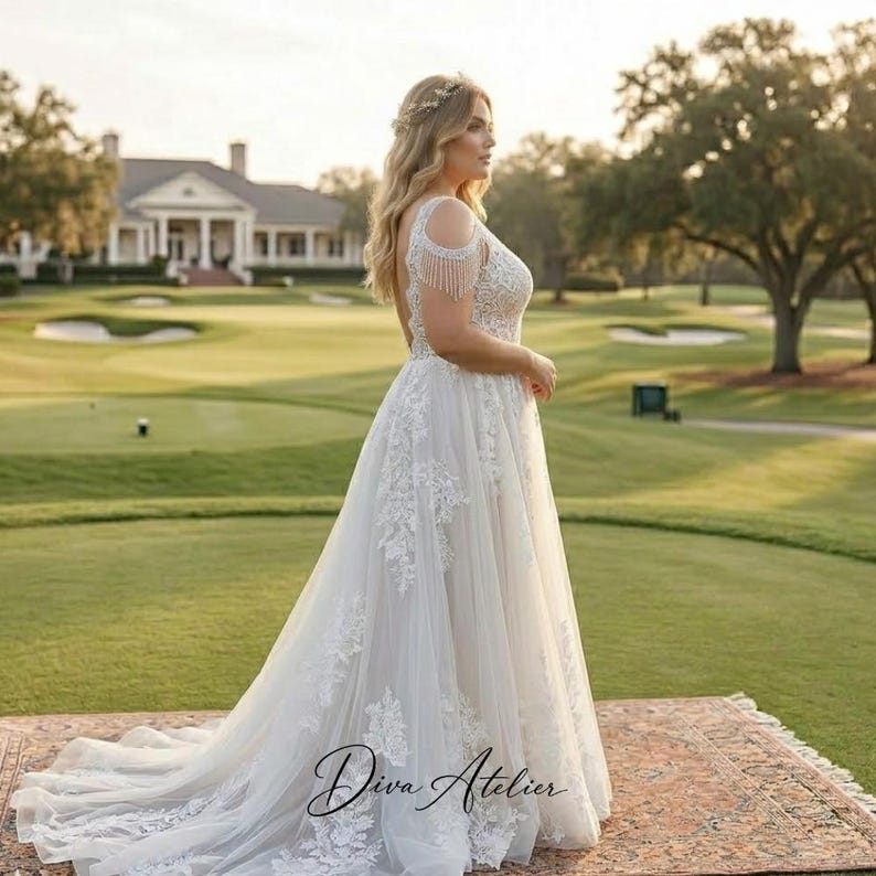 Boho Embroidered Tulle Wedding Gown, Deep V-neck Backless A-line Bridal Boho Embroidered Tulle Wedding Gown, Deep V-neck Backless A-line Bridal