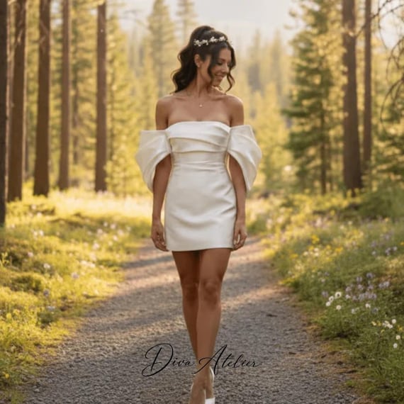 elegant bodycon wedding shoulder dresses Off Satin Mini Bridal Dress, Ruched Sheath Gown, Reception Party Bride long bodycon dress for wedding