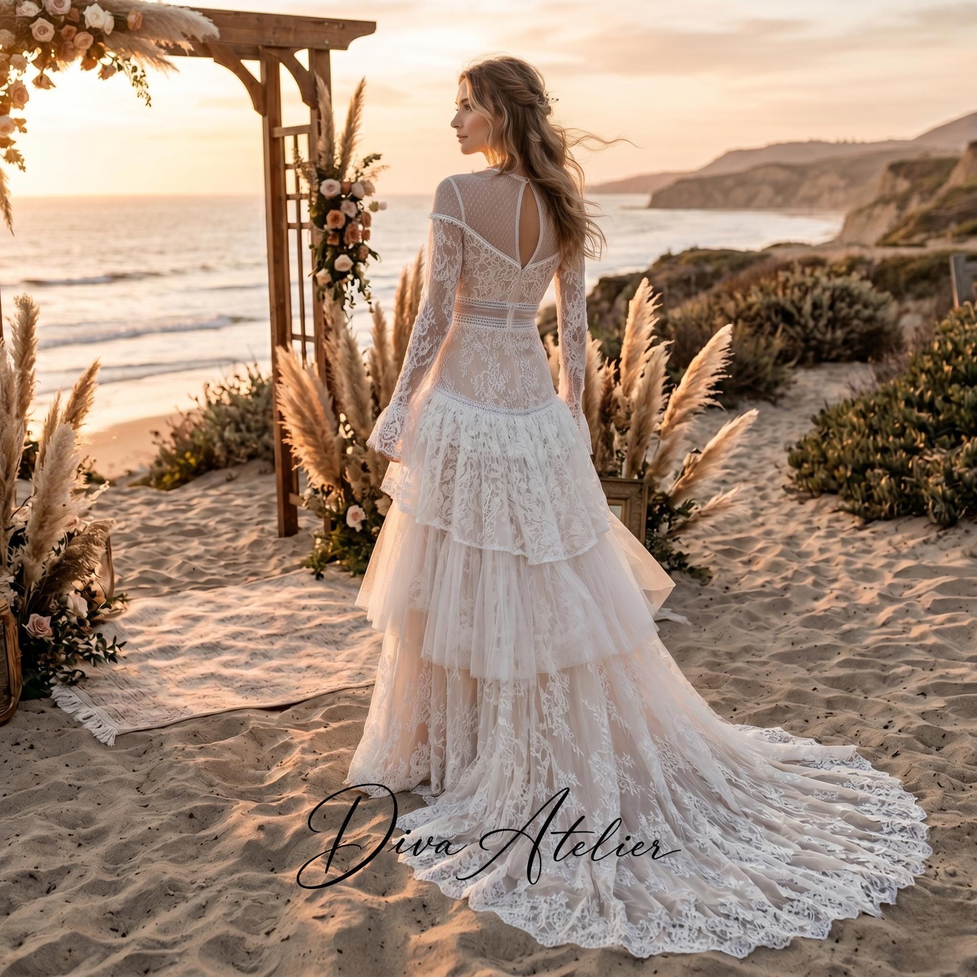 lace beach wedding dress with sleeves Bohemian Dress, Romantic A-Line Bridal Gown, Long Tulle Boho Style regular sizes 2 to
