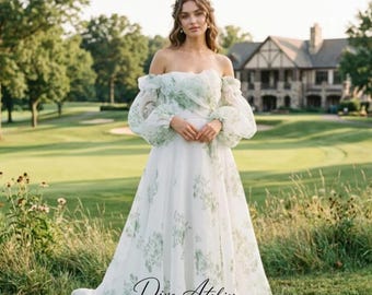 Vestido de noiva evasê com ombros à mostra, mangas bufantes e babados em tule, estilo princesa romântico, elegante para casamento.