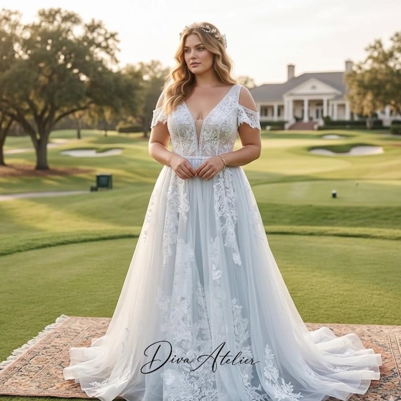 Boho Embroidered Tulle Wedding Gown, Deep V-neck Backless A-line Bridal Boho Embroidered Tulle Wedding Gown, Deep V-neck Backless A-line Bridal